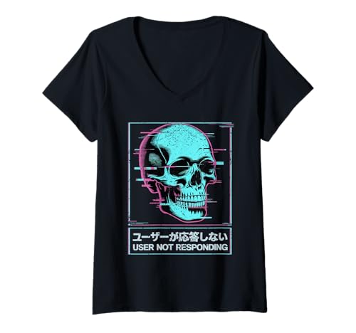 Damen User Not Responding Glitch Skull mit japanischem Text T-Shirt mit V-Ausschnitt Damen User Not Responding Glitch Skull mit japanischem Text T-Shirt mit V-Ausschnitt von NeoGlitch Works
