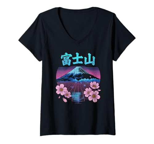 Damen Berg Fuji und Kirschblüten im Gitterhorizont T-Shirt mit V-Ausschnitt von NeoWave