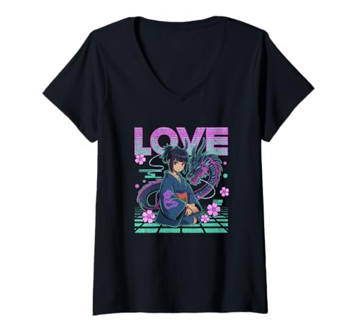Damen Mystisches Anime-Mädchen mit Drachen und Vaporwave Sakura Vibes T-Shirt mit V-Ausschnitt Damen Mystisches Anime-Mädchen mit Drachen und Vaporwave Sakura Vibes T-Shirt mit V-Ausschnitt von NeoWave