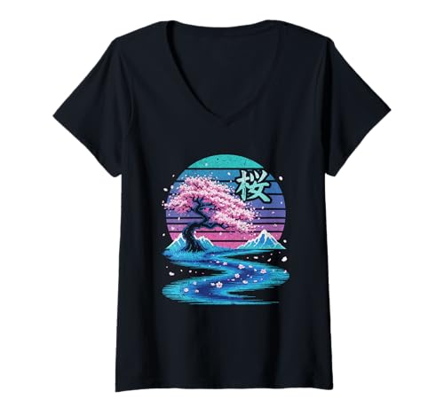 Damen Sakura-Baum- und Berglandschaft im Vaporwave-Stil T-Shirt mit V-Ausschnitt von NeoWave