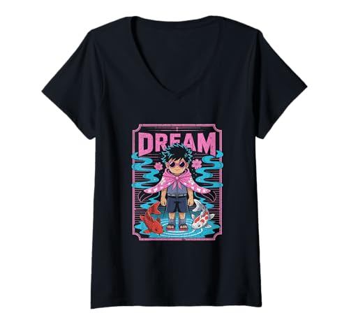 Damen Traumhafter Anime Boy mit Koi-Fisch und Vaporwave-Ästhetik T-Shirt mit V-Ausschnitt von NeoWave