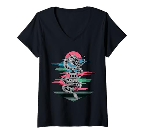 Damen Vaporwave Dragon gewickelt um die japanische Pagode T-Shirt mit V-Ausschnitt Damen Vaporwave Dragon gewickelt um die japanische Pagode T-Shirt mit V-Ausschnitt von NeoWave