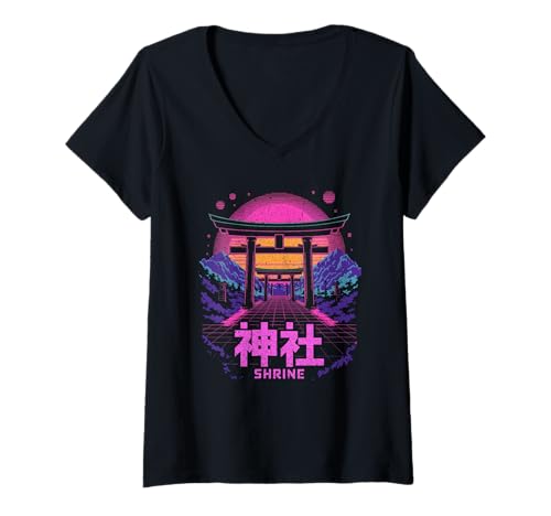 Damen Vaporwave Torii Gate Path mit Bergen und Retro-Sonnenuntergang T-Shirt mit V-Ausschnitt von NeoWave