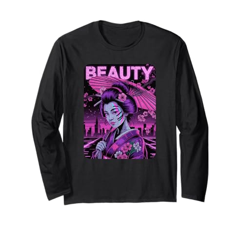 Geisha mit Sakura-Blütenbaum-Regenschirm und Stadtlichtern Langarmshirt von NeoWave