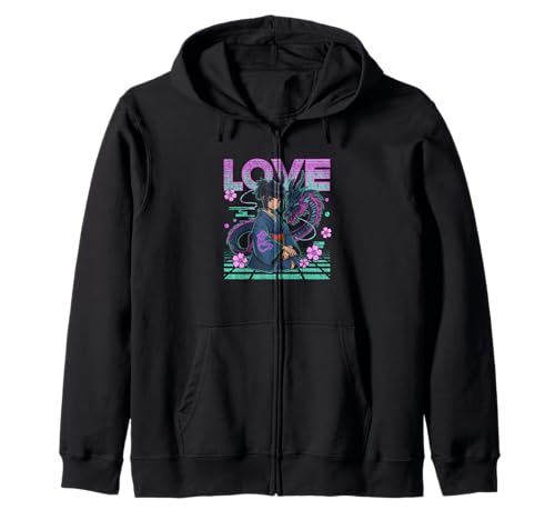 Mystisches Anime-Mädchen mit Drachen und Vaporwave Sakura Vibes Kapuzenjacke von NeoWave
