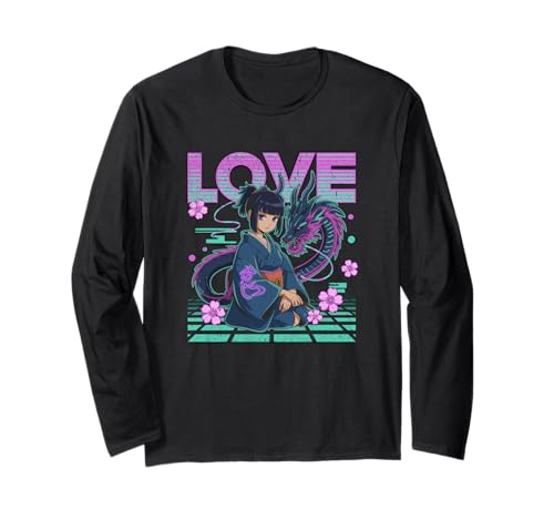 Mystisches Anime-Mädchen mit Drachen und Vaporwave Sakura Vibes Langarmshirt von NeoWave