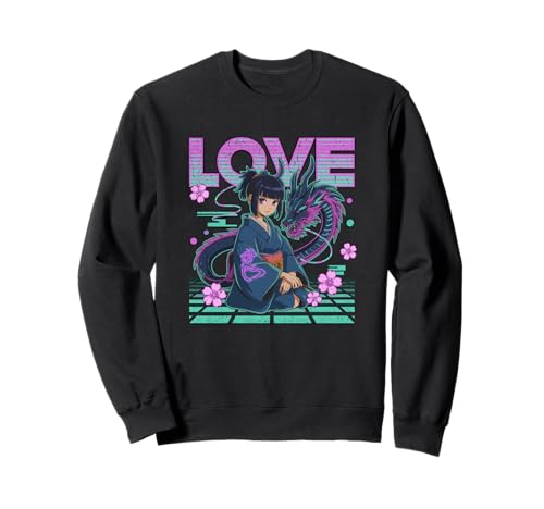 Mystisches Anime-Mädchen mit Drachen und Vaporwave Sakura Vibes Sweatshirt von NeoWave