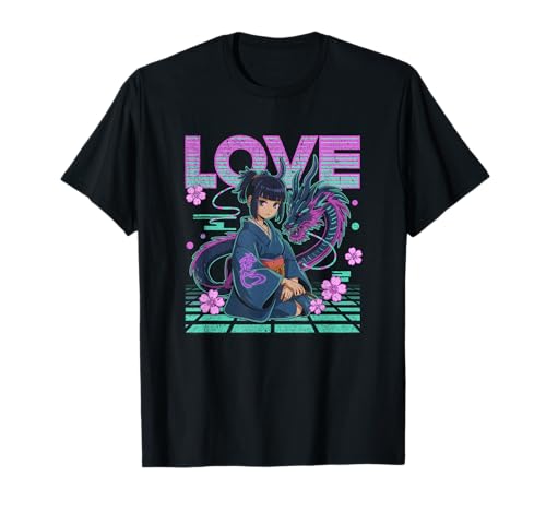 Mystisches Anime-Mädchen mit Drachen und Vaporwave Sakura Vibes T-Shirt Mystisches Anime-Mädchen mit Drachen und Vaporwave Sakura Vibes T-Shirt von NeoWave