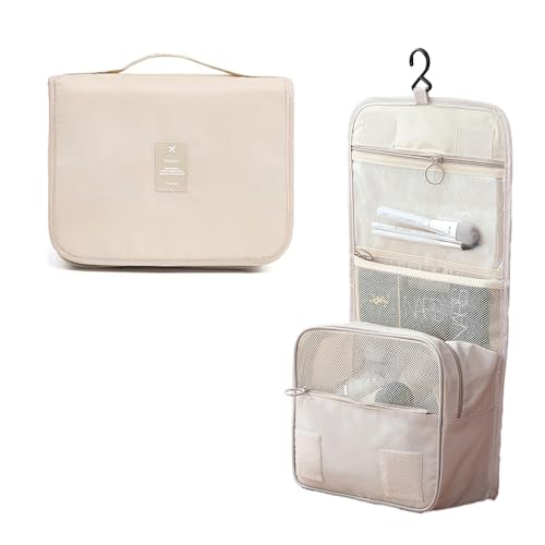 NeodoNado Make-up-Kosmetiktasche, Kulturbeutel, Reißverschluss, Organizer, Reisetasche, Aufbewahrungstaschen für Organisation, Kosmetiktasche, Beige, Eine kompakte zweistöckige Falttasche von NeodoNado