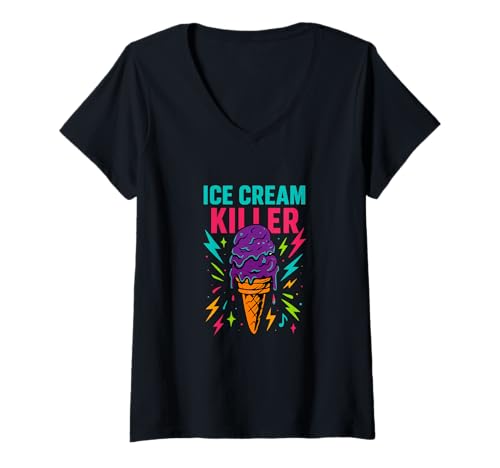 Damen Ice Cream Killer, lustiges neonfarbenes Essensmotiv T-Shirt mit V-Ausschnitt von Neon Ice Cream and Food Humor Apparel