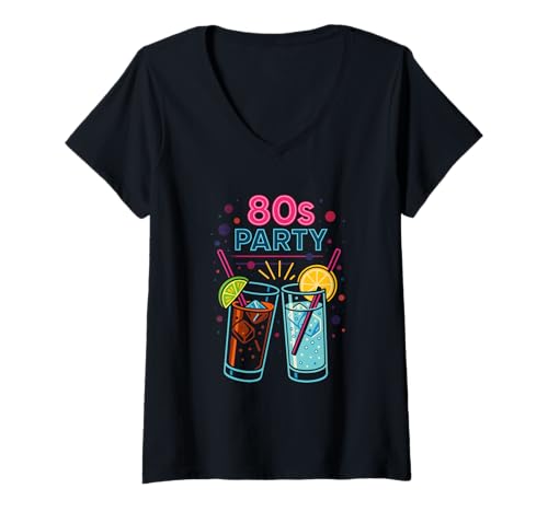 Damen 80er Jahre Outfit 80er Jahre Mottoparty Disco Retro Vibe Musik Grafik T-Shirt mit V-Ausschnitt Damen 80er Jahre Outfit 80er Jahre Mottoparty Disco Retro Vibe Musik Grafik T-Shirt mit V-Ausschnitt von Neon Nostalgia Merch