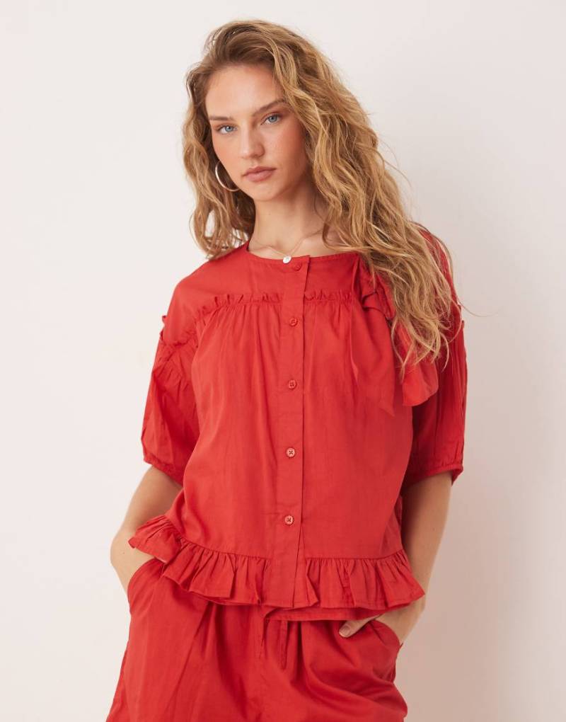 Neon Rose - Bluse in Rot mit Puffärmeln und Schleifendetail von Neon Rose