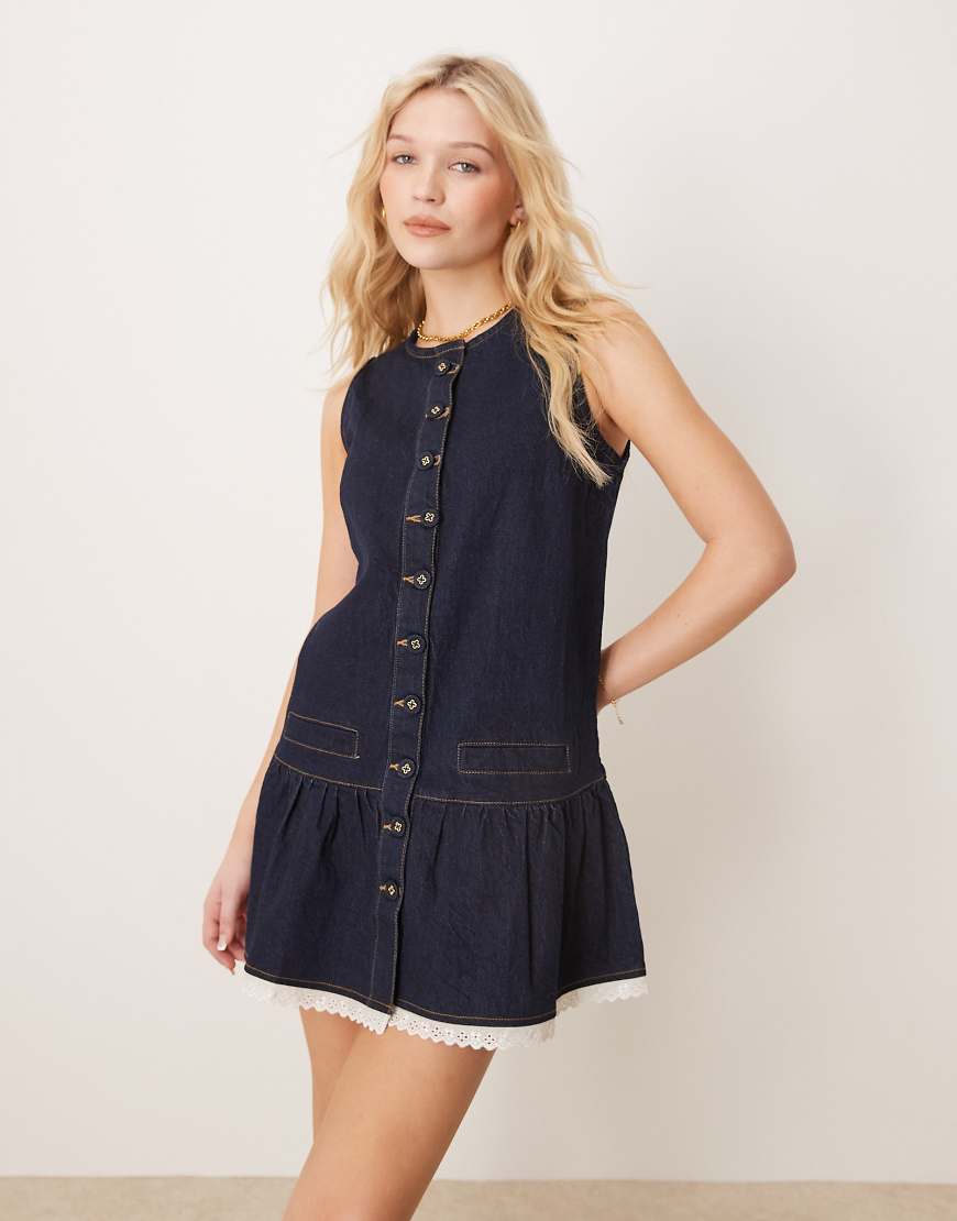 Neon Rose - Etui-Schürzenkleid aus Jeansstoff in Indigoblau mit Knopfleiste-Marineblau von Neon Rose