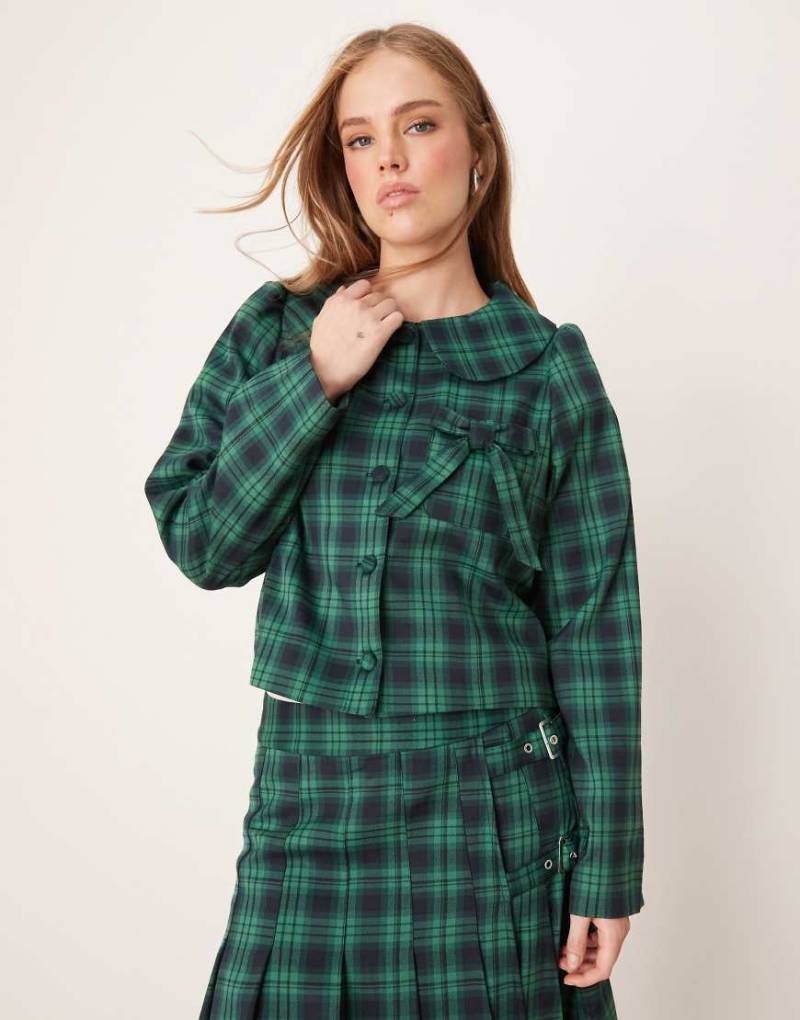 Neon Rose - Kurz geschnittene Jacke in Marineblau mit Schottenkaro und Schleifendetail, Kombiteil von Neon Rose