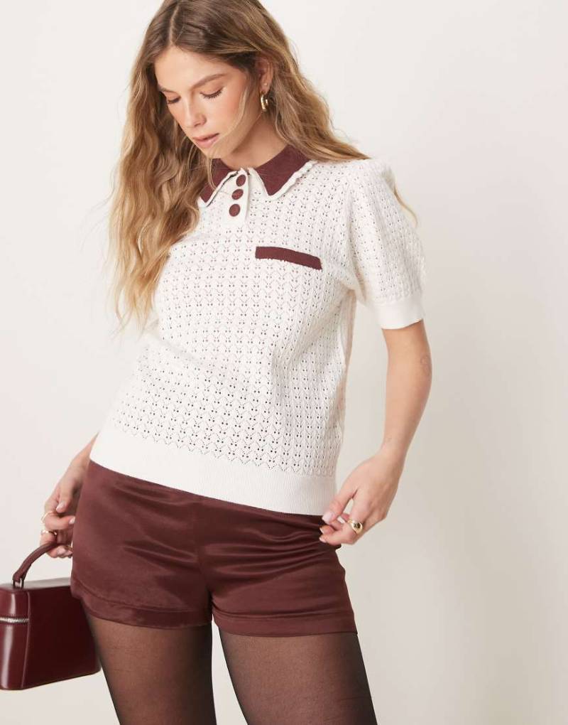 Neon Rose - Kurz geschnittenes Pointelle-Sweatshirt zum Überziehen in Cremeweiß von Neon Rose