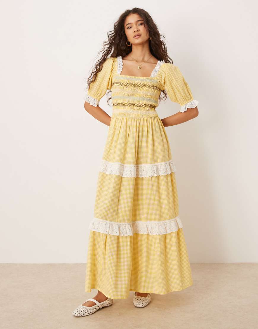 Neon Rose - Midaxi-Kleid in Gelb mit Puffärmeln und Vichy-Karo von Neon Rose