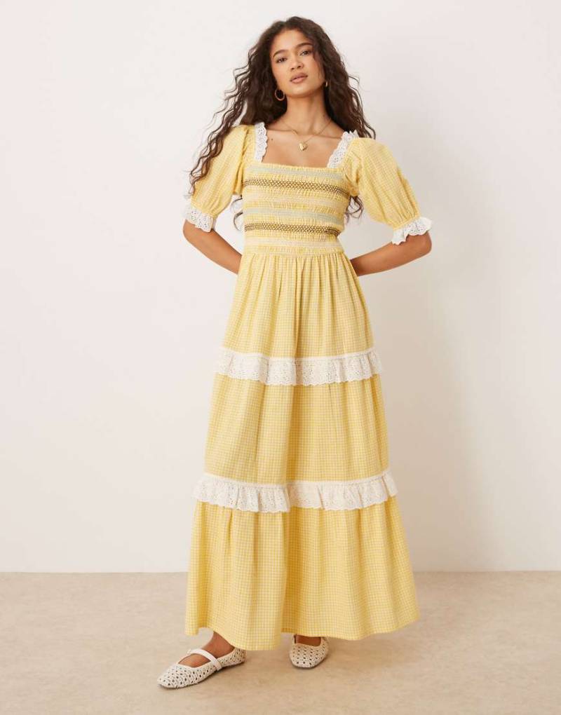 Neon Rose - Midaxi-Kleid in Gelb mit Puffärmeln und Vichy-Karo von Neon Rose