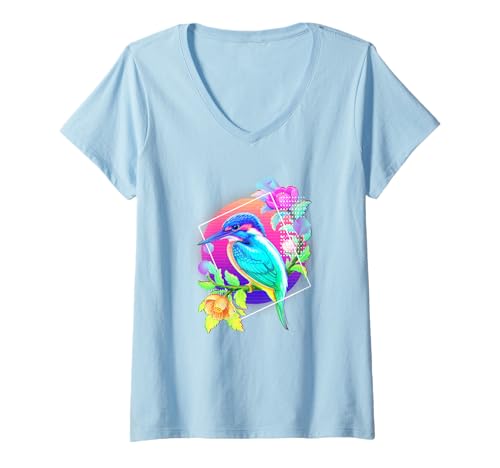 Damen Vaporwave Eisvogel mit Blumen Retro Ästhetische Kunst T-Shirt mit V-Ausschnitt Damen Vaporwave Eisvogel mit Blumen Retro Ästhetische Kunst T-Shirt mit V-Ausschnitt von NeonNest