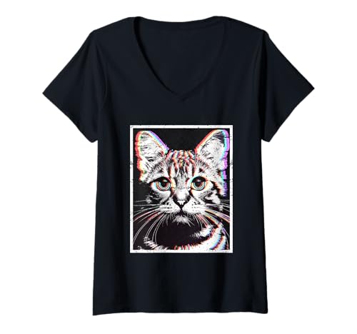 Damen Trippy Cat Rainbow Eyes Optische Täuschung Glitch T-Shirt mit V-Ausschnitt Damen Trippy Cat Rainbow Eyes Optische Täuschung Glitch T-Shirt mit V-Ausschnitt von NeonWhiskers