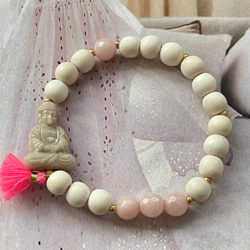 Armband Buddha Grau-Grün Holzperlen Creme Achatperlen Rosa von NeonkissDE