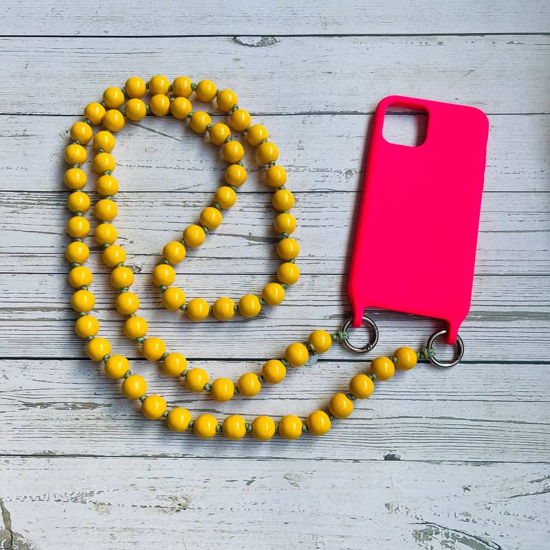 Handykette Crossbody Holzperlen Gelb Kaki Schlüsselkette Holz von NeonkissDE