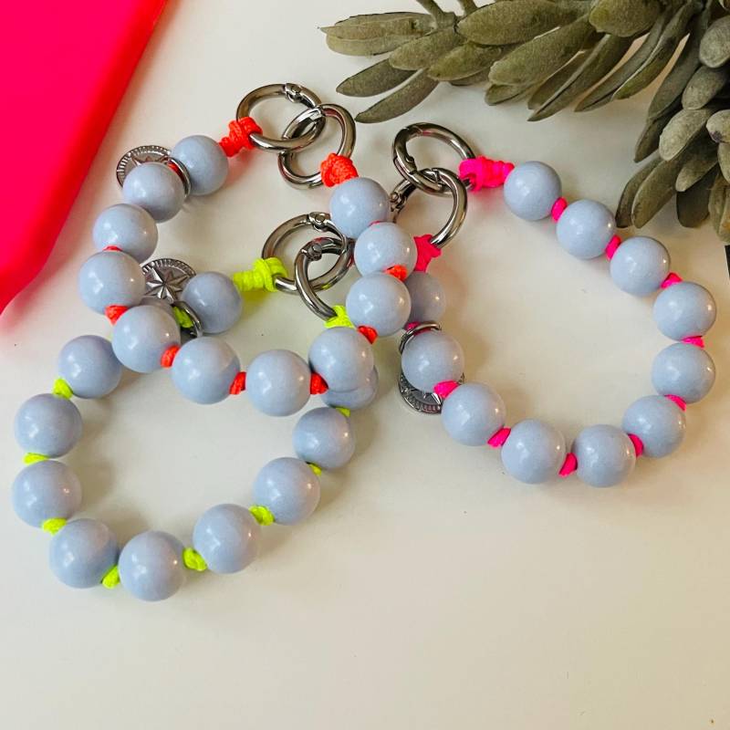 Handykette Schlüsselanhänger Kurz Holzperlen Baby Blau Neon Orange Gelb Pink von NeonkissDE