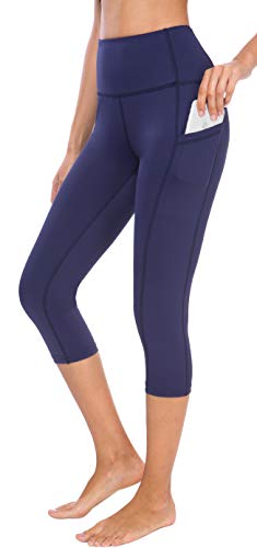 Neonysweets Damen Workout Leggings mit Taschen Laufen Yoga Hose Knöchellänge Gr. M, Seitentasche Capris, Marineblau von Neonysweets