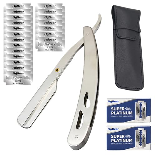 Neoreser Rasiermesser mit 20 Rasierklingen, Straight Razor Rasierer Herren Bartmesser, Rasiermesser Set mit Ledertasche(Silber) von Neoreser