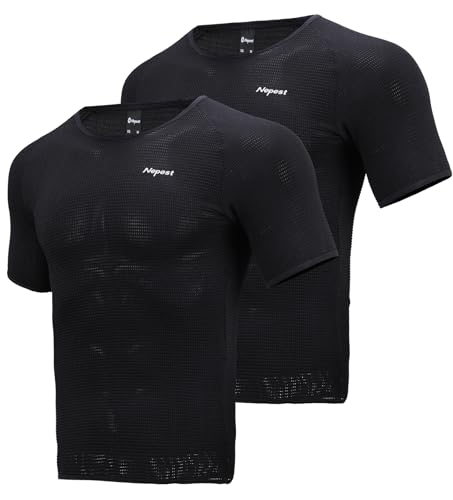 Nepest rennrad Baselayer Herren Fahrrad Mesh Kurzarm Base Layer Men Cycling Atmungsaktive Superlight Rennrad Shirt Maschinenwaschbar 2er Pack,Kurzärmelig-Schwarz,XL von Nepest