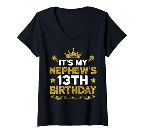 Damen Es ist der 13. Geburtstag meines Neffen. Herzlichen Glückwunsch zum Geburtstag, 13 Jahre T-Shirt mit V-Ausschnitt von Nephew 13th Birthday Gift From Aunt Uncle 2025