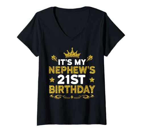 Damen Es ist der 21. Geburtstag meines Neffen. Herzlichen Glückwunsch zum Geburtstag 21 Jahre T-Shirt mit V-Ausschnitt von Nephew 21st Birthday Gift From Aunt Uncle 2025