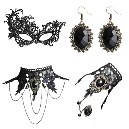 Gotisch Schmuckset für Damen, Gotisch Choker Halskette Armbänder Ohrringe Schmuck, 4-tlg. Choker Halskette & Armband, Viktorianischer Steampunk Schmuck als Vampir Accessoires für Halloween Kostüm Gotisch Schmuckset für Damen, Gotisch Choker Halskette Armbänder Ohrringe Schmuck, 4-tlg. Choker Halskette & Armband, Viktorianischer Steampunk Schmuck als Vampir Accessoires für Halloween Kostüm von Nepturion
