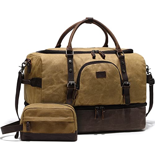 Nerlion Weekender Tasche mit Schuhfach Große Übernachtungstasche für Herren Canvas Echtleder Handgepäck Tasche Reise Seesack, Braun, Reisetasche von NerIion