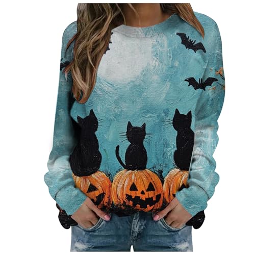 NerYuo Damen Sweatshirt mit Rundhalsausschnitt und Halloween Print, Pullover Oberteile, lässige Langarm Workout Shirts, lockere Bluse Kerle Pulli (Mint Green, XXL) von NerYuo