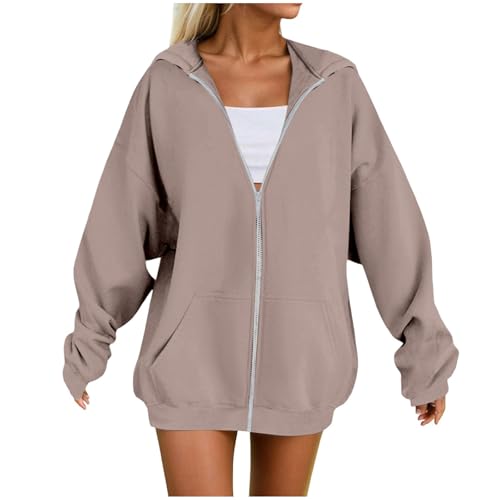 NerYuo Zipper Hoodie Damen Langarm Kapuzenjacke Sweatjacke Oversize Reißverschluss Fleece Sweatshirt Einfarbig Herbstjacken Kapuzenpullover (Khaki, XXXL) von NerYuo