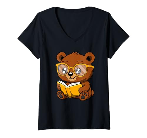 Damen Niedliches Nerdbär-Cartoon-Design T-Shirt mit V-Ausschnitt Damen Niedliches Nerdbär-Cartoon-Design T-Shirt mit V-Ausschnitt von Nerdy Animal Squad - Bear Edition