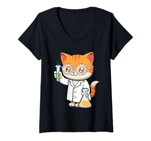 Damen Niedliches Cartoon-Design T-Shirt mit V-Ausschnitt von Nerdy Animal Squad - Cat Edition