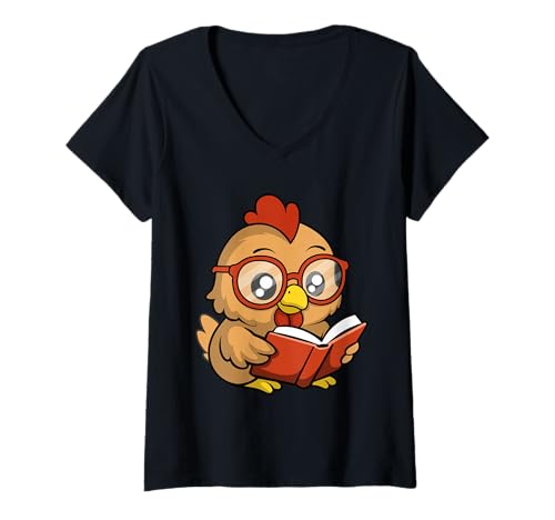 Damen Niedliches Nerdy-Huhn-Cartoon-Design T-Shirt mit V-Ausschnitt Damen Niedliches Nerdy-Huhn-Cartoon-Design T-Shirt mit V-Ausschnitt von Nerdy Animal Squad - Chicken Edition