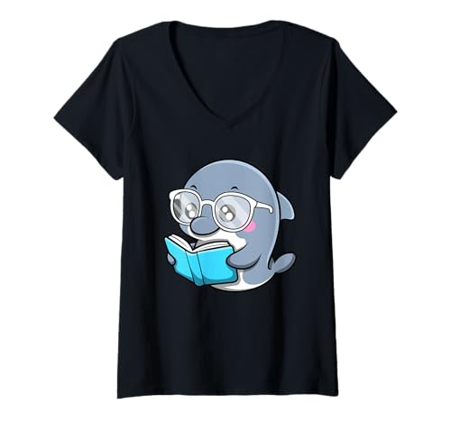 Damen Niedliches Nerdy-Delfin-Cartoon-Design T-Shirt mit V-Ausschnitt Damen Niedliches Nerdy-Delfin-Cartoon-Design T-Shirt mit V-Ausschnitt von Nerdy Animal Squad - Dolphin Edition