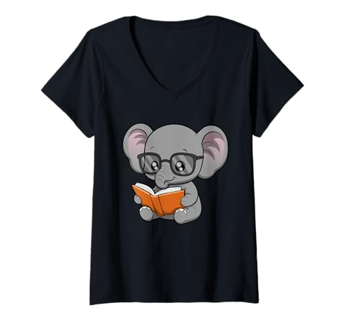 Damen Niedlicher Nerdy Elefant Cartoon Design T-Shirt mit V-Ausschnitt Damen Niedlicher Nerdy Elefant Cartoon Design T-Shirt mit V-Ausschnitt von Nerdy Animal Squad - Elephant Edition