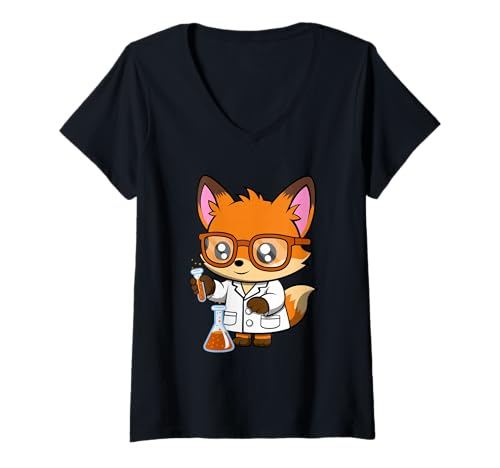 Damen Niedliches Nerdy Fox Cartoon-Design T-Shirt mit V-Ausschnitt Damen Niedliches Nerdy Fox Cartoon-Design T-Shirt mit V-Ausschnitt von Nerdy Animal Squad - Fox Edition
