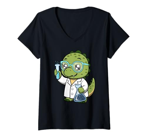 Damen Niedliches Nerdy-Gecko-Cartoon-Design T-Shirt mit V-Ausschnitt von Nerdy Animal Squad - Gecko Edition