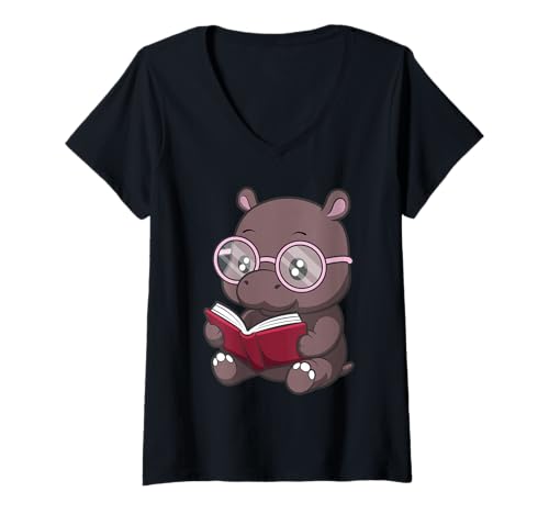 Damen Niedliches Nilpferd-Cartoon-Design T-Shirt mit V-Ausschnitt Damen Niedliches Nilpferd-Cartoon-Design T-Shirt mit V-Ausschnitt von Nerdy Animal Squad - Hippo Edition