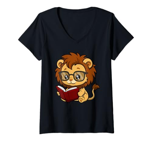 Damen Niedliches Nerd-Löwen-Cartoon-Design T-Shirt mit V-Ausschnitt Damen Niedliches Nerd-Löwen-Cartoon-Design T-Shirt mit V-Ausschnitt von Nerdy Animal Squad - Lion Edition