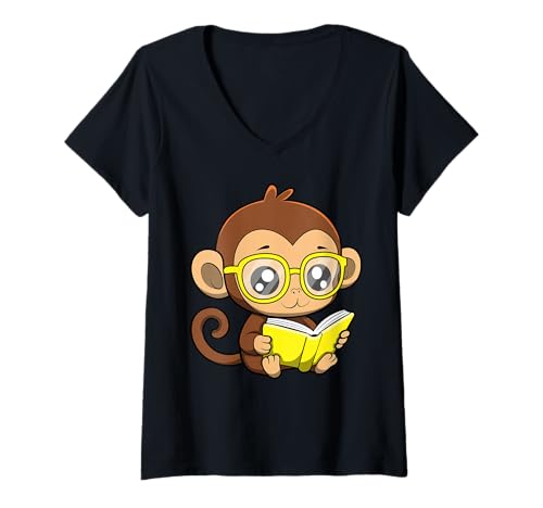Damen Niedliches Nerd-Affen-Cartoon-Design T-Shirt mit V-Ausschnitt Damen Niedliches Nerd-Affen-Cartoon-Design T-Shirt mit V-Ausschnitt von Nerdy Animal Squad - Monkey Edition