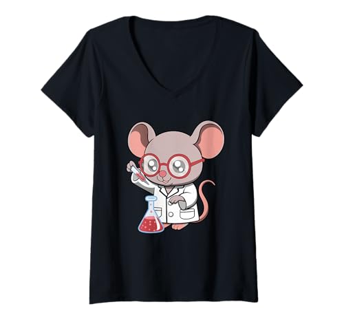 Damen Niedliches Nerdy Mouse Cartoon-Design T-Shirt mit V-Ausschnitt Damen Niedliches Nerdy Mouse Cartoon-Design T-Shirt mit V-Ausschnitt von Nerdy Animal Squad - Mouse Edition