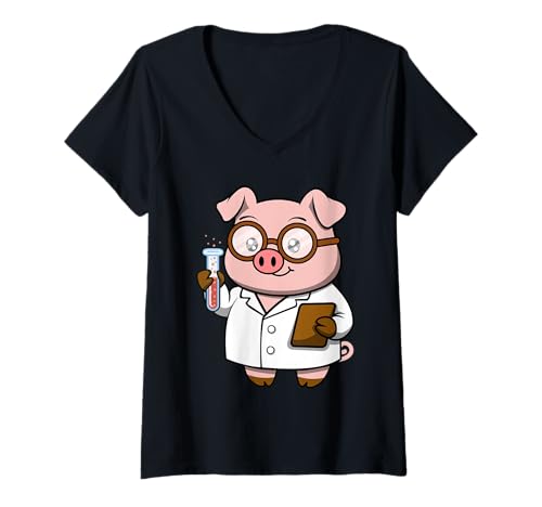 Damen Niedliches Nerdy Pig Cartoon-Design T-Shirt mit V-Ausschnitt Damen Niedliches Nerdy Pig Cartoon-Design T-Shirt mit V-Ausschnitt von Nerdy Animal Squad - Pig Edition