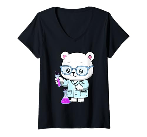 Damen Süßes Nerdy Eisbär Cartoon Design T-Shirt mit V-Ausschnitt von Nerdy Animal Squad - Polar Bear Edition