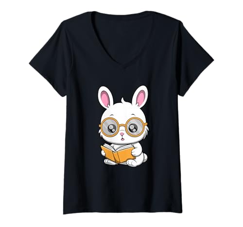 Damen Niedliches Nerdhasen-Cartoon-Design T-Shirt mit V-Ausschnitt Damen Niedliches Nerdhasen-Cartoon-Design T-Shirt mit V-Ausschnitt von Nerdy Animal Squad - Rabbit Edition
