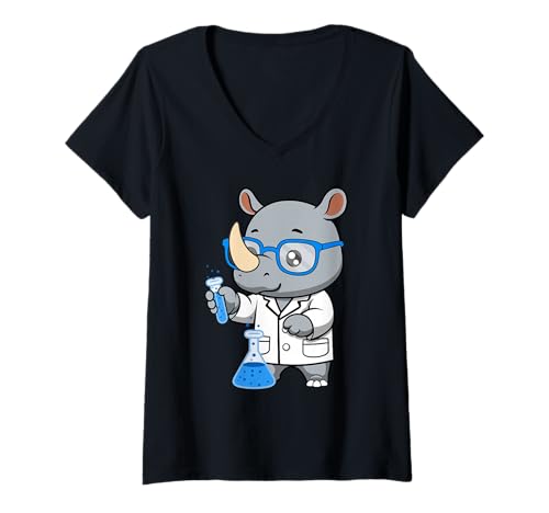 Damen Niedliches Nashorn-Cartoon-Design T-Shirt mit V-Ausschnitt von Nerdy Animal Squad - Rhino Edition